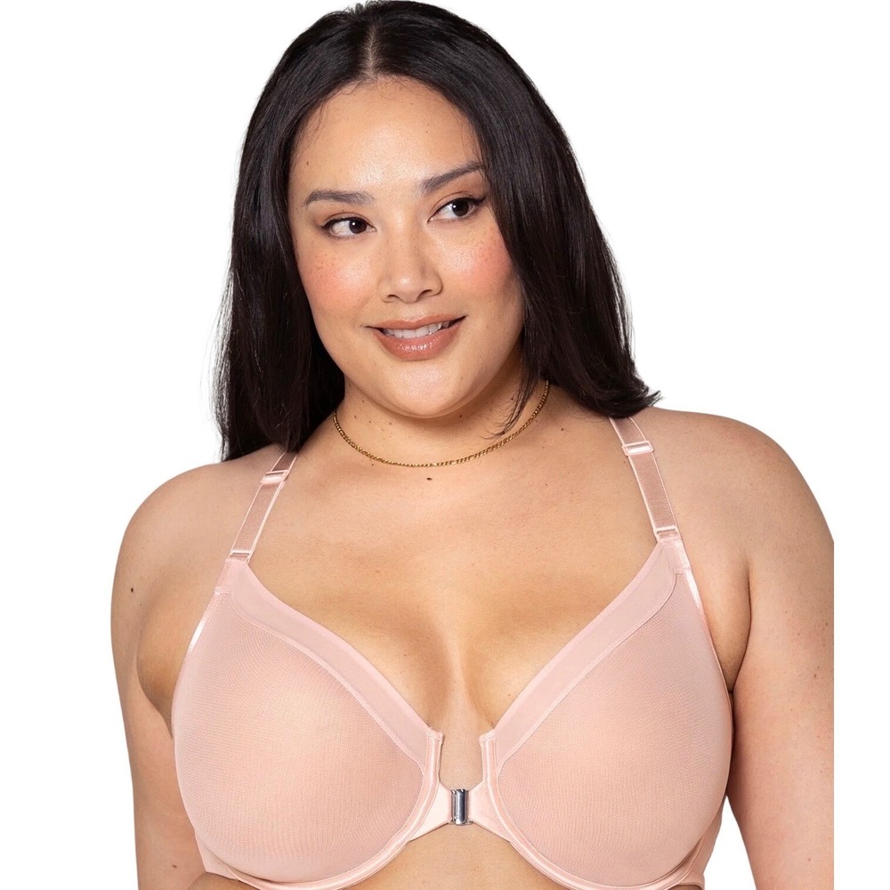 Curvy Couture Sheer Mesh Front Close Racerback Bra 38H Blushing Rose 1618 New